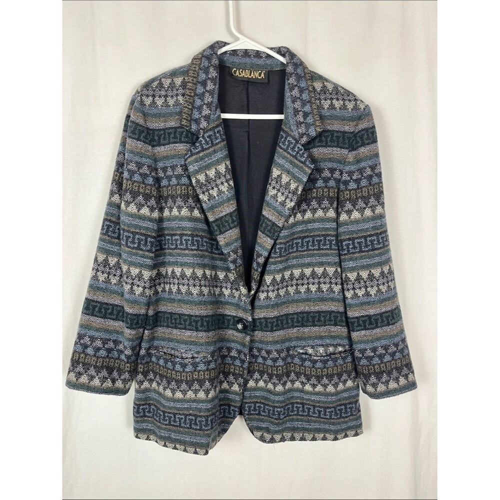 Vintage 1990s Casablanca Blue and Black Wool Blend Southwest Shacket Jacket
